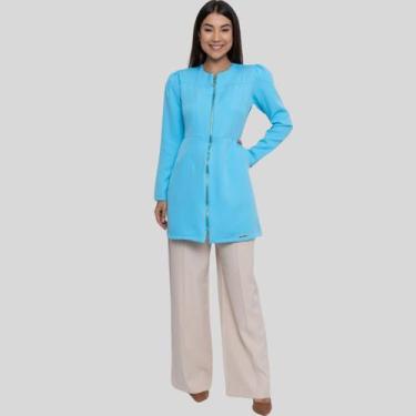 Imagem de Jaleco Feminino Azul Piscina Manga Longa Liso Com Ziper Em Alfaiataria