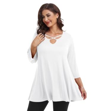 Imagem de LARACE Blusa feminina plus size, gola V, manga 3/4, cruzada, casual, para usar no outono, Branco, 4X
