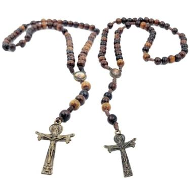 Imagem de Terço de Madeira com Contas 8mm Crucifixo Santo Sudário Medalha Entremeio Ouro Envelhecido (Medalha São Miguel e São Bento)