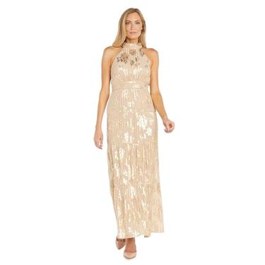 Imagem de R&M Richards Vestido longo plissado jacquard alto com saia em camadas, Champanhe, 50