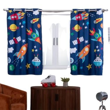 Imagem de Cortina Infantil Quarto Criança Pequena Simples 2,00x1,40 P/Varao Divertida Menino Astronauta Marinho Basica