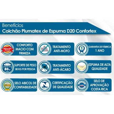 Imagem de Colchão Solteiro Espuma Confortex D20 (78x188x12) - Plumatex