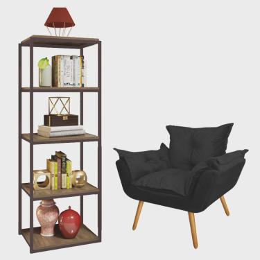 Imagem de Kit Poltrona Fatte com Estante Livreiro Ferro Marrom mdf Caramelo Suede Preto - Ahazzo Móveis