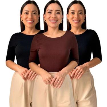 Imagem de Kit 3 Blusas Feminina Manga 3/4 com Abertura nas Costas - Maranne, Kit