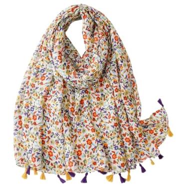 Imagem de Cachecol feminino |Xaile macio de algodão e linho com sensação de lenço feminino com estampa geométrica étnica cachecol de viagem com franjas grande xale elegante para mulheres, presente elegante
