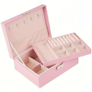 Imagem de Porta Joia Caixa Organizadora Couro Dupla Camada com Chave Multifuncional Feminino Grande (Rosa grande)