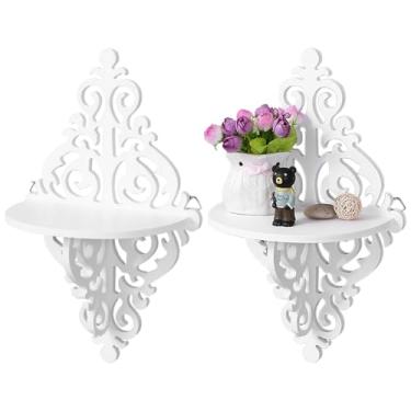 Imagem de Prateleira de parede com 2 peças, prateleiras flutuantes esculpidas na parede, prateleira decorativa de canto, enfeite de planta, prateleira de parede para sala de estar, quarto, prateleira de canto