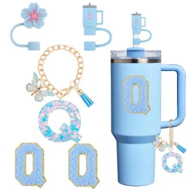 Imagem de Acessórios de copo para Stanley Cup 850.5 g 1,134.0 g, decoração de iniciais de copo para Stanley, incluindo tampa de palha de silicone, pingente de alça, adesivo, azul 5 peças (Q)