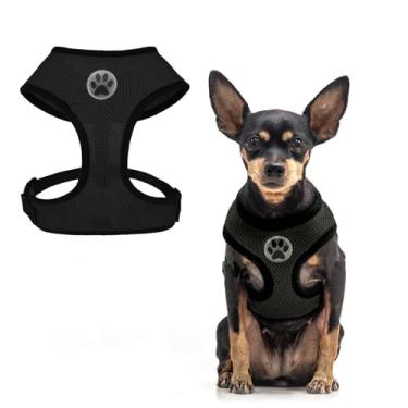 Imagem de Arnês de malha macia para cães colete de passeio para filhotes de cachorro acolchoado arnês ajustável, preto pequeno