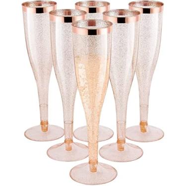 Imagem de MR.FOAM Taças de champanhe descartáveis, 6 peças glitter de ouro rosa com borda de ouro rosa copos de champanhe de plástico para festas taças de champanhe copos de tostagem, mimosa, casamento 184 g