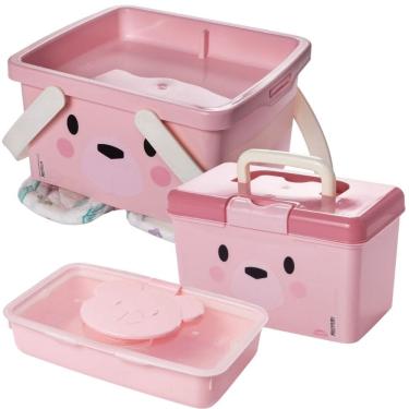Imagem de Kit caixa porta fraldas com alça, maleta com alça e porta lenço umedecido ursa Plasutil