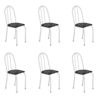 Imagem de Kit 6 Cadeiras De Cozinha Califórnia Estampado Preto Florido Pés De Ferro Branco