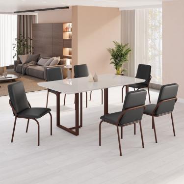 Imagem de Conjunto Sala De Jantar Mesa 160x90cm Base Lunna Tampo Mdf Com Vidro Malibu Preto Liso - Marrom