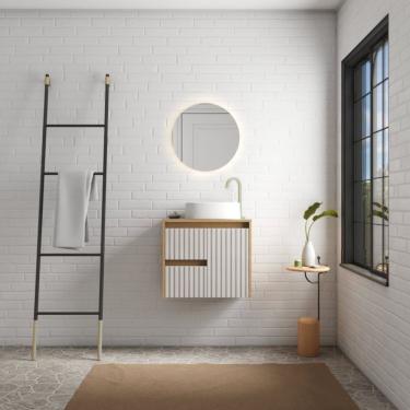 Imagem de Kit Kyoto Em Madeira Para Banheiro Com Cuba E Espelheira Jequitibá Com Off-white