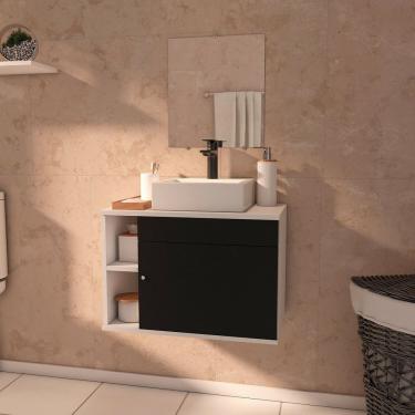 Imagem de Gabinete Armário Para Banheiro Com Espelho E Cuba Mármore Sintético 60cm Preto