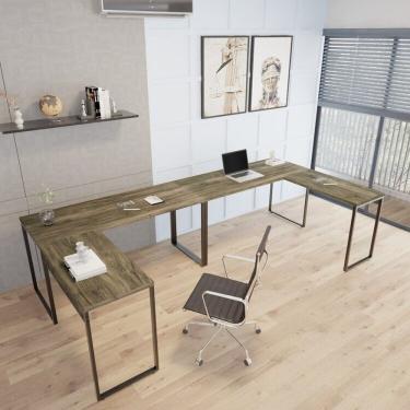 Imagem de Kit 2 Mesas De Escritório Em L Estilo Industrial 1,50mx1,50m Kuadra Carvalho Dark