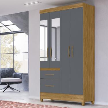 Imagem de Guarda-roupa Solteiro Com Espelhos 4 Portas 2 Gavetas E Pés Madri Freijó-cinza