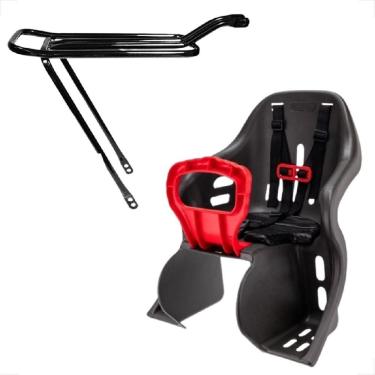 Imagem de Cadeirinha Traseira Infantil Preta E Vermelho Resistente 25Kg + Garupa Bagageiro Dobravel Aço Aro 26