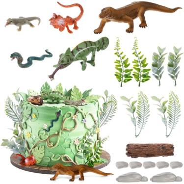 Imagem de Simgoing 19Pcs Reptile Cake Toppers Safari Animals Cake Decorations Artificial Lizard Snake Model Leaf Stone Tree Stump Set Reptile Party Decoration for Birthday Baby Shower Theme Party Supplies