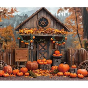 Imagem de Cenário de outono para cabana de tronco, 3 x 2,4 m, decoração de festa de outono, abóboras, crianças, outono, aniversário, fotos, pano de fundo, festa de Ação de Graças, Dia das Bruxas, Concurso de