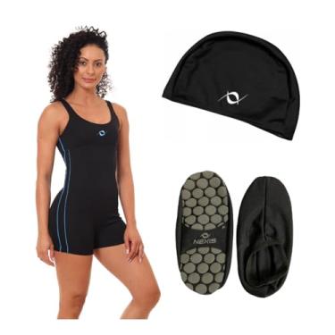 Imagem de Kit Macaquinho Maiô Natação Hidroginástica + Touca Tecido + Sapatilha Antiderrapante (Sapatilha Preto M - Óculos Preto, M)