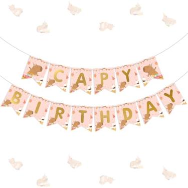 Imagem de Cheereveal Capybara Decorações de festa de aniversário, bonito desenho animado capy faixa rosa, tema animal de estimação aniversário aniversário aniversário chá de bebê decoração suprimentos