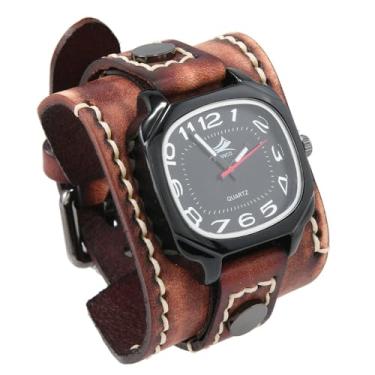 Imagem de MINILUJIA Relógios masculinos feitos à mão com corda de cera costurada vintage punk hip-hop gótico largo couro macio genuíno relógio masculino Suqare quartzo personalizado relógio grande, Marrom