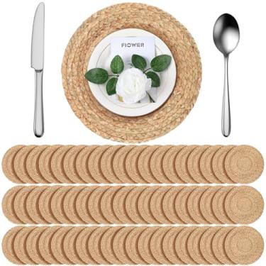 Imagem de FoldTier Conjunto de 60 peças de jogo americano redondo carregadores de pratos a granel 29 cm jogo americano de tecido rústico trançado de palha carregador de vime natural jacinto de água tapete para