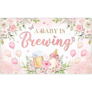 Imagem de ZTHMOE Tecido 183 x 109 cm A Baby is Brewing Pano de fundo rosa para chá de bebê mamadeira floral para fotografia de cerveja, decoração de festa de recém-nascidos, adereços de faixa fotográfica