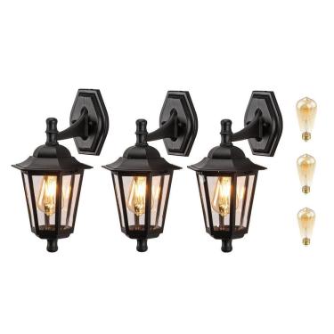 Imagem de Kit 3 Arandela Vintage Externo Preto Lente Transp. Lup40 +