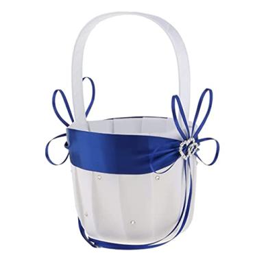 Imagem de Cesta de flores de casamento, cesta de flores de casamento de cetim de coração duplo com strass, menina, branco e azul