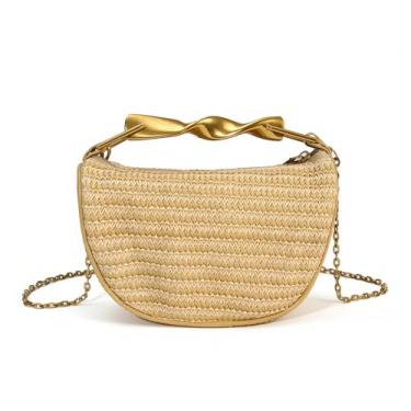 Imagem de Sacolas de palha para mulheres, bolsas transversais de tecido, feitas à mão, bolsas de ombro modernas, bolsas de ombro com duas alças, Bege