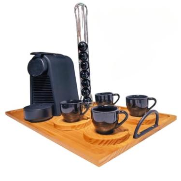 Imagem de Bandeja Em Madeira Cantinho Do Café Decorativa Com 4 Xícaras e Pires(Preta)