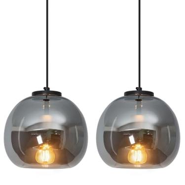 Imagem de LBSQJ Luzes pendentes de vidro cinza fumê espelho ilha cozinha pacote com 2 20 cm globo de vidro pingente luz preta luminária pendente moderna para cozinha ilha quarto sala de jantar