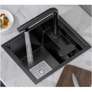Imagem de Pia De Bar De Cozinha Pequena Preto Cinza, Com Torneira Levantável & Puxável, Kits De Tampa De Pia & Drenagem, Pia De Preparação De Bar Úmido Em Aço Inoxidável 304, 42x43x22cm