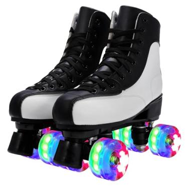 Imagem de Patins femininos de cano alto com rodas iluminadas, couro sintético clássico de duas fileiras para mulheres e homens, uso interno e externo, para iniciantes, branco, preto, 42