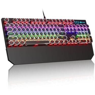 Imagem de Teclado mecânico MageGee para jogos, máquina de escrever, teclas redondas punk pretas, com fio retroiluminação arco-íris RGB para laptop, Mac, PC Gamer, descanso de pulso magnético, interruptor azul