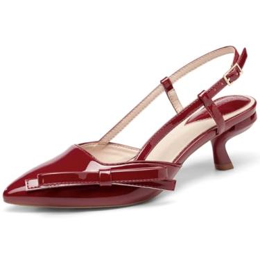 Imagem de Coutgo Sapatos femininos com salto baixo tipo gatinho fechado bico fino com laço e laço, Vermelho, 36