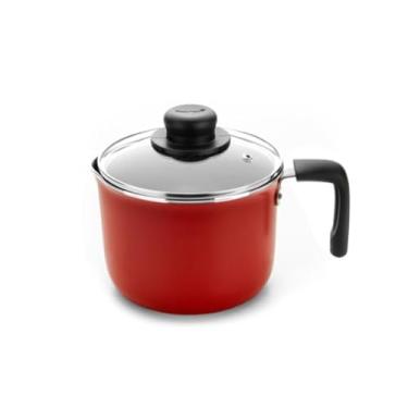 Imagem de Multiflon Leiteira Fervedor Aluminio Antiaderente 16 Centimetros Com Tampa de Vidro Vermelho Gourmet Resistente Durável e Saudável
