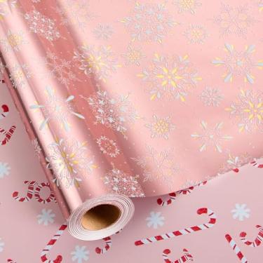 Imagem de MAYPLUSS Rolo de papel de embrulho rosa de Natal - 43 cm x 85 m - Papel de embrulho com bengala doce reversível dourada e branca de floco de neve para crianças, férias, ano novo