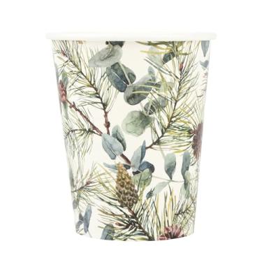 Imagem de AimFun 100 peças de copos de papel de festa de Natal de inverno ramos de pinheiro cones e eucalipto copo descartável verdura de Natal 255 g copos de festa descartáveis para bebidas quentes e frias