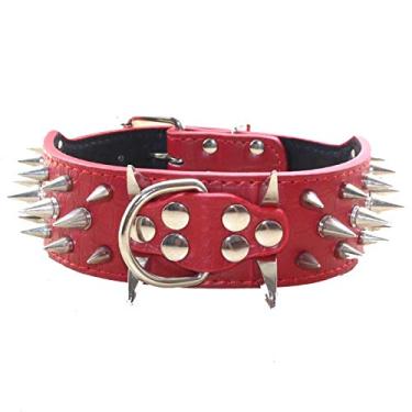 Imagem de Pimaodog Coleira para cães com cravos afiados de 5 cm de largura Coleira para cães médios e grandes Pitbull Labrador Boxer Rottweiler Pastor Alemão (M: 43-50 cm, vermelho)