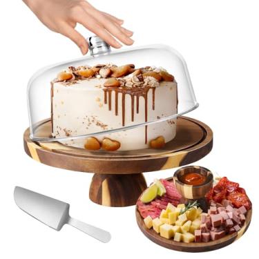 Imagem de BOTOP Suporte de bolo de madeira de acácia com tampa, suporte redondo 2 em 1, grande cúpula de bolo de acrílico, conjunto de exibição de mesa de sobremesa e tábua de charcutaria para queijo, batatas