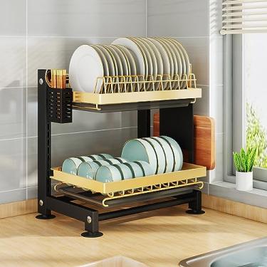 Imagem de AKALNNB Escorredor de pratos de cozinha, escorredor de pratos de 2 níveis com suporte de copo de bandeja coletora, escorredor de pratos com suporte de utensílios, grande capacidade para bancada de