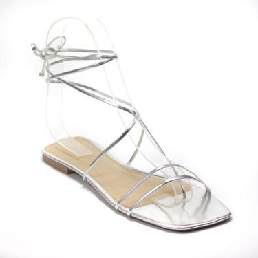 Imagem de Sandália Rasteira Gladiadora Metalizada Tiras Finas - zurystore, Prata