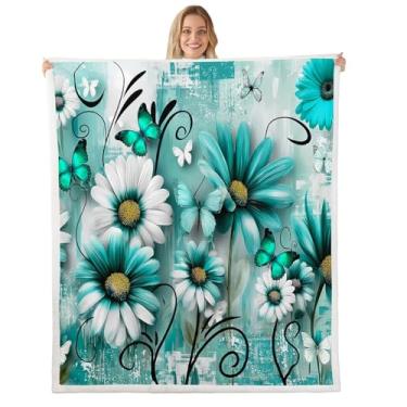 Imagem de Feelyou Cobertor de lã rústico para adultos para bebês 76,2 x 101,6 cm azul-petróleo margarida flores borboleta sherpa cobertor pelúcia felpudo meninos meninas arte abstrata moderna para cama, sofá