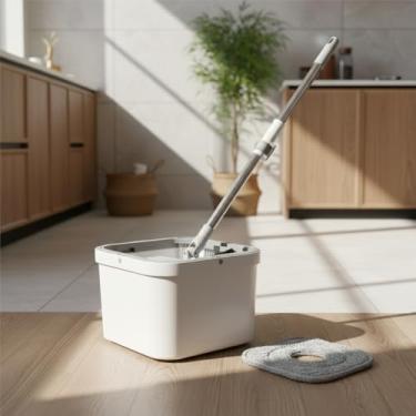 Imagem de Mop Giratório Profissional com Balde, Sistema de Separação de Água Limpa e Suja, 2 Panos de Microfibra Laváveis, Branco