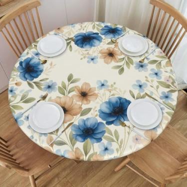 Imagem de KiuLoam Toalha de mesa redonda com estampa floral marrom azul com borda elástica, toalha de mesa lavável para decoração de cozinha e exterior, serve de 101 a 111 cm, pequena