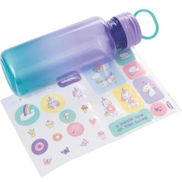 Imagem de Garrafa Fun Infantil Abre Fácil Unicórnio 600ml com Cartela de Adesivos Livre de BPA Alça Transporte Escola Passeios Viagem