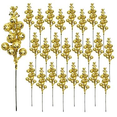 Imagem de Huisipool 24 peças de caule de bagas com glitter de Natal artificial, galho de baga, decorações para enfeites de Natal, guirlanda de Natal DIY, decoração de férias e festas (ouro)